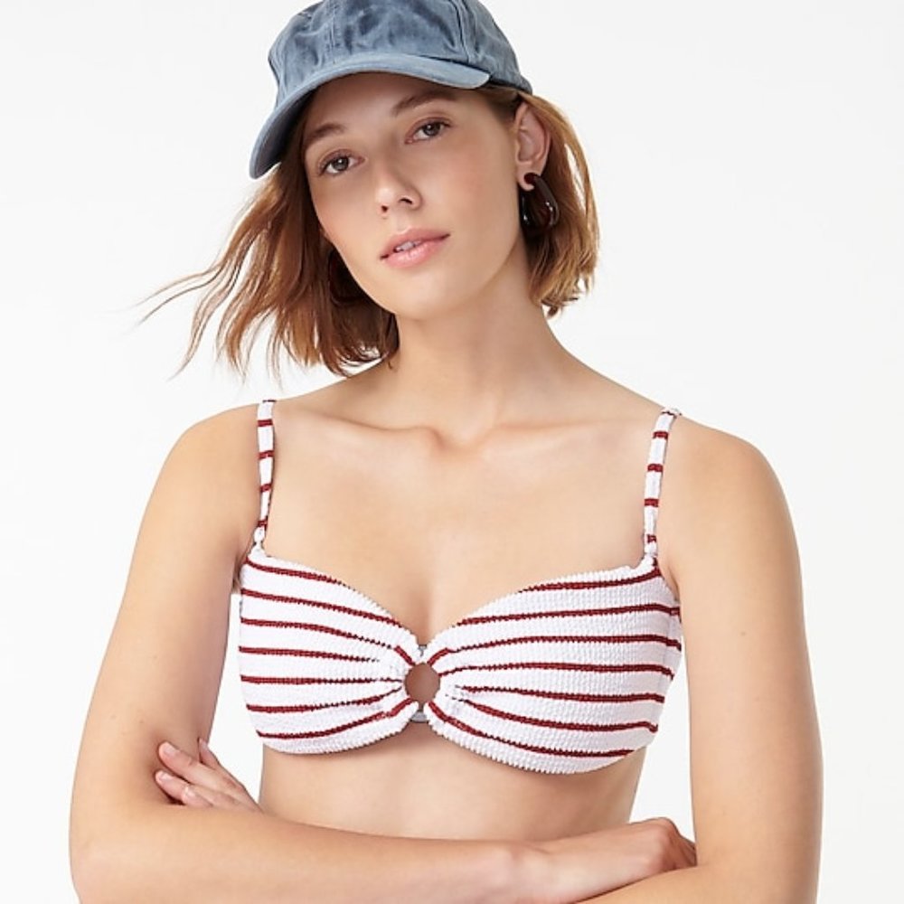 J. Crew White and Red Striped Ring-Front Crinkle Bikini Top